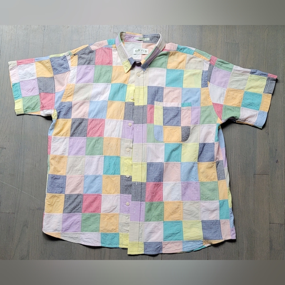 1980's Orvis Patchwork Madras Full Button Collar Shirt, 100% Cotton, Size XXL